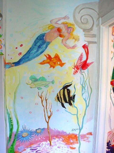 Mermaid mural swimming among tropical fish, signed by Maureen Fulgenzi, powder room, Palm Beach, FL