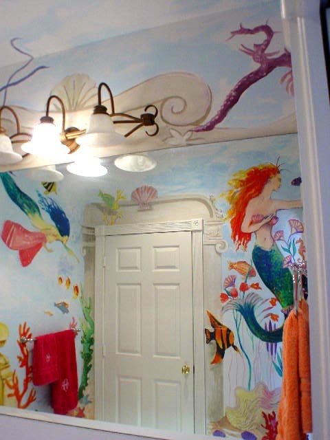 Mermaid mural detail beside a doorway with tropical fish, Palm Beach, FL