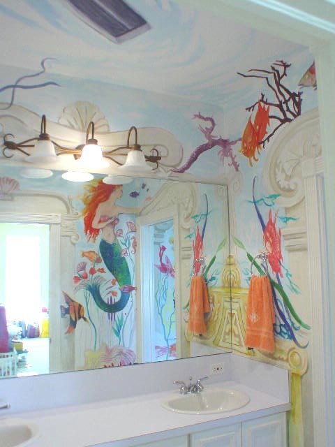 Mermaid mural detail above the bathroom mirror, second view, Palm Beach, FL