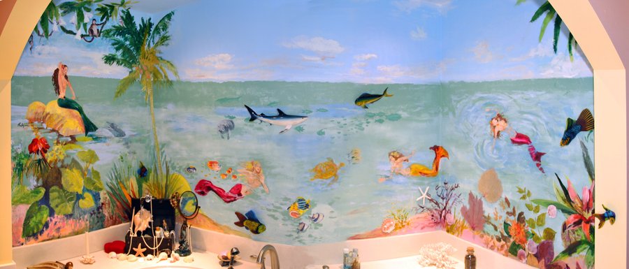 Wide panoramic view of the underwater sea scene mural with mermaids, palm tree, shark and sea turtle, powder room, Palm Beach, FL