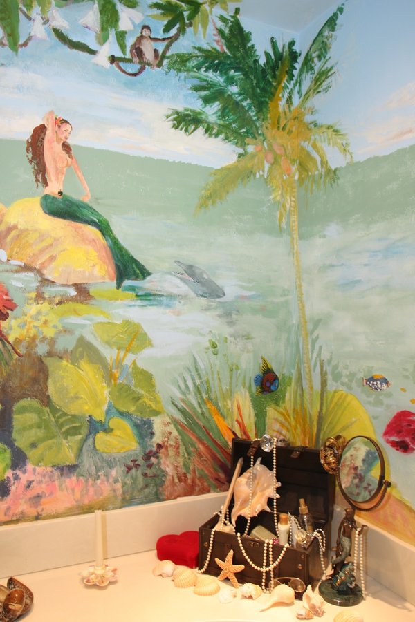 Underwater sea scene mural corner detail with mermaid, palm tree and monkey, Palm Beach, FL