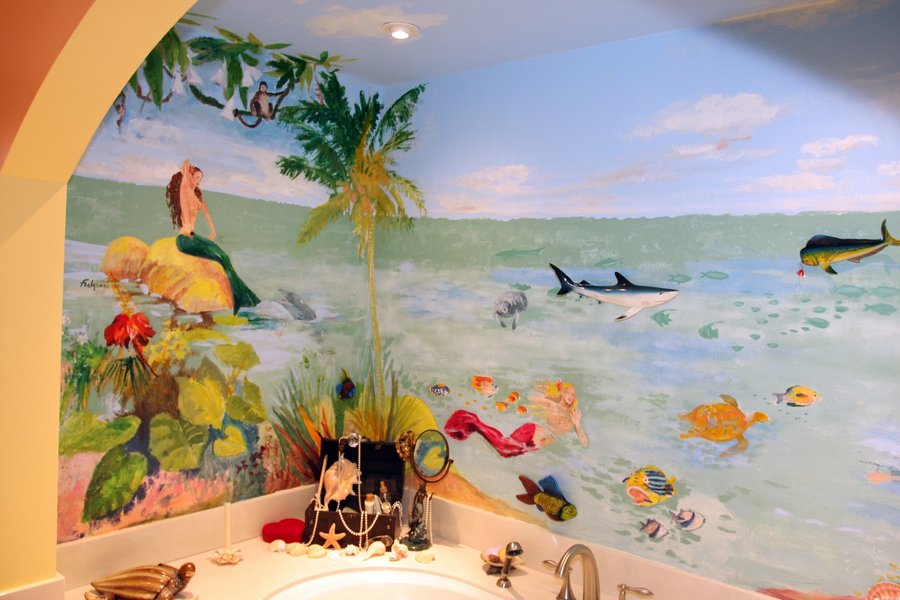 Underwater sea scene mural wide corner view with shark, manatee and sea turtle, Palm Beach, FL
