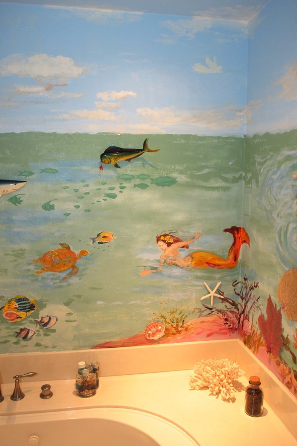 Underwater sea scene mural detail with mermaid, sea turtle and tropical fish, Palm Beach, FL
