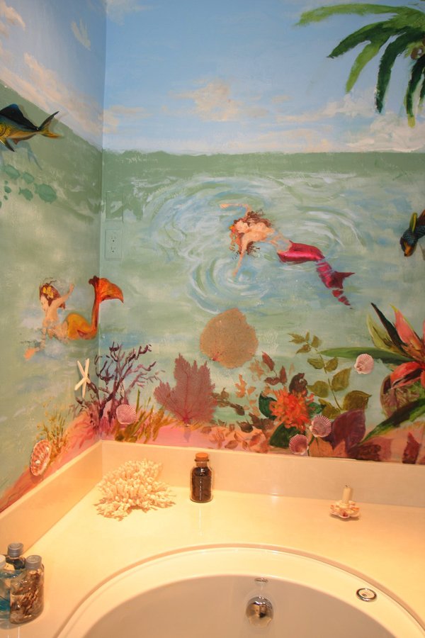 Underwater sea scene mural corner detail with mermaid swimming beside a coral reef, Palm Beach, FL