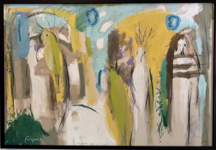 Abstract Birds original painting by Maureen Fulgenzi — Greens (tropical) palette, Palm Beach, FL
