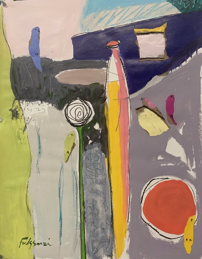 Abstract Birds original painting by Maureen Fulgenzi — Greens (tropical) palette, Palm Beach, FL