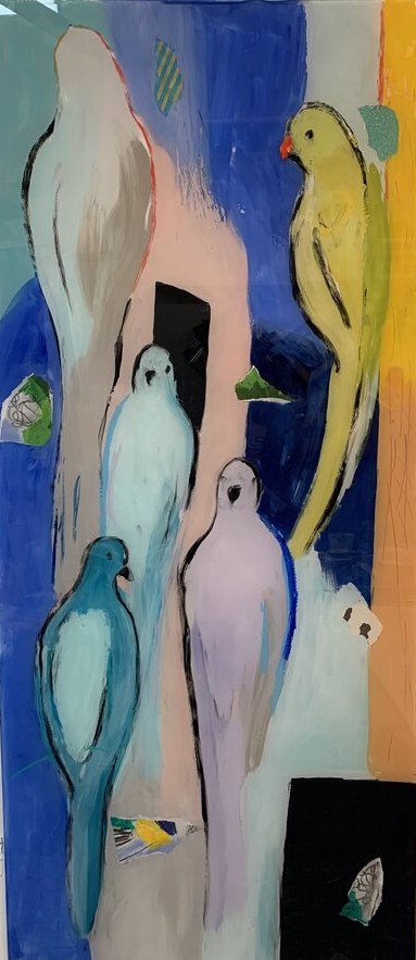 Abstract Birds original painting by Maureen Fulgenzi — Greens (tropical) palette, Palm Beach, FL