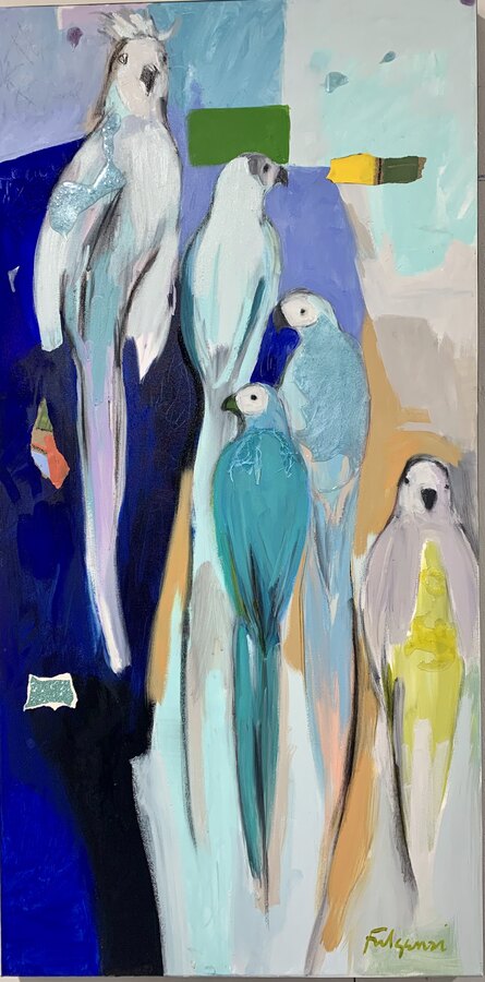 Abstract Birds original painting by Maureen Fulgenzi — Blues & aquas palette, Palm Beach, FL
