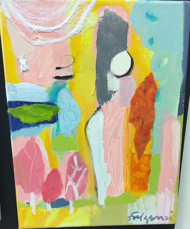 Collage mixed-media Abstract original painting by Maureen Fulgenzi — Greens (tropical) palette, Palm Beach, FL