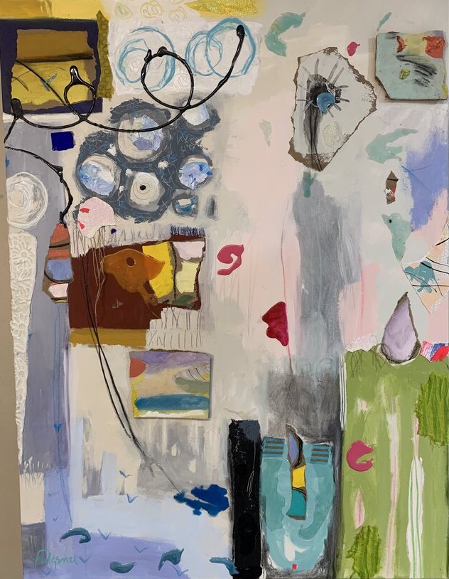 Collage mixed-media Abstract original painting by Maureen Fulgenzi — Greens (tropical) palette, Palm Beach, FL