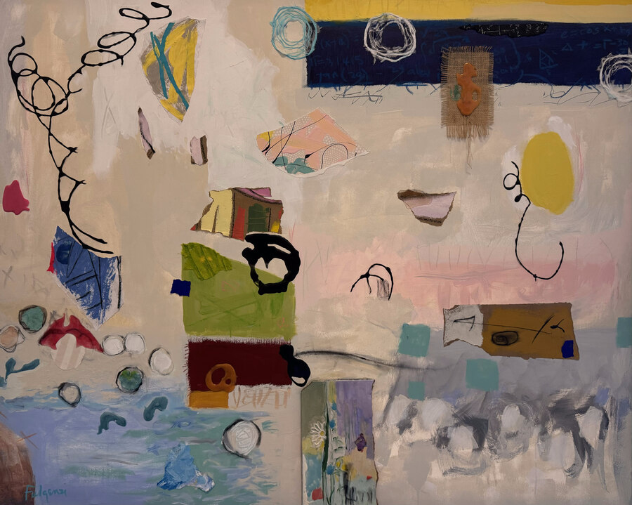 Collage mixed-media Abstract original painting by Maureen Fulgenzi — Greens (tropical) palette, Palm Beach, FL