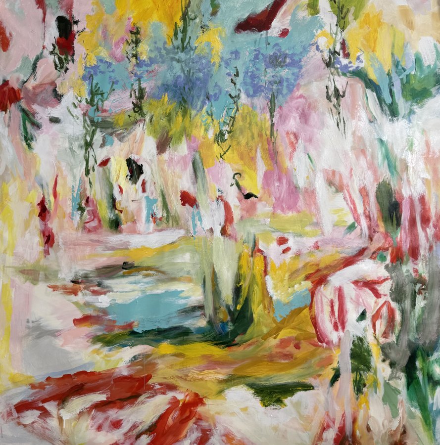 Collage mixed-media Abstract original painting by Maureen Fulgenzi — Greens (tropical) palette, Palm Beach, FL