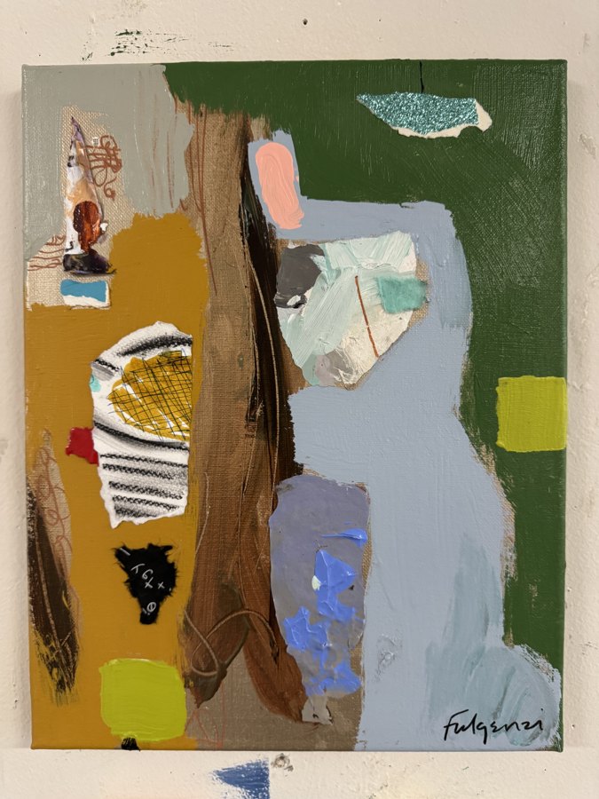 Collage mixed-media Abstract original painting by Maureen Fulgenzi — Greens (tropical) palette, Palm Beach, FL
