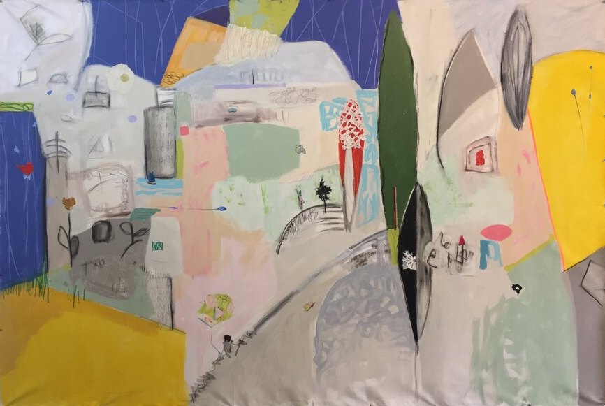 Collage mixed-media Abstract original painting by Maureen Fulgenzi — Greens (tropical) palette, Palm Beach, FL