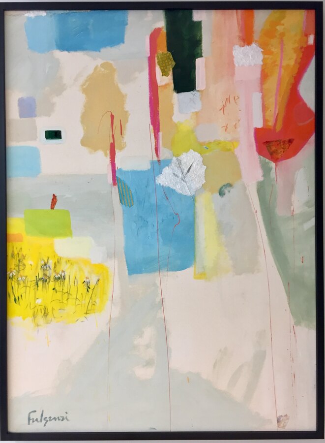 Collage mixed-media Abstract original painting by Maureen Fulgenzi — Greens (tropical) palette, Palm Beach, FL
