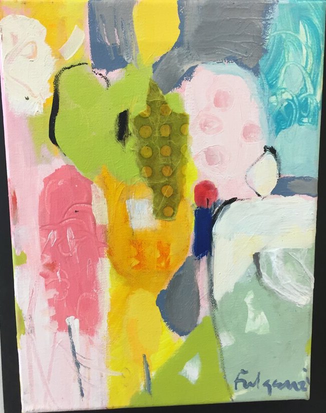 Collage mixed-media Abstract original painting by Maureen Fulgenzi — Greens (tropical) palette, Palm Beach, FL