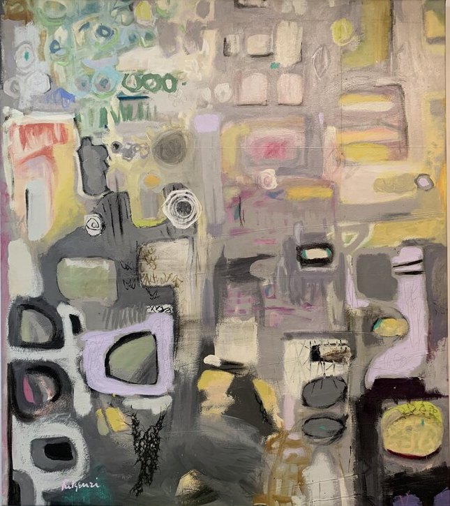 Collage mixed-media Abstract original painting by Maureen Fulgenzi — Greens (tropical) palette, Palm Beach, FL