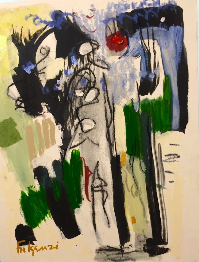 Collage mixed-media Abstract original painting by Maureen Fulgenzi — Greens (tropical) palette, Palm Beach, FL