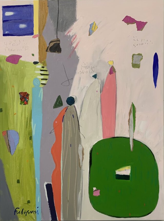 Collage mixed-media Abstract original painting by Maureen Fulgenzi — Greens (tropical) palette, Palm Beach, FL