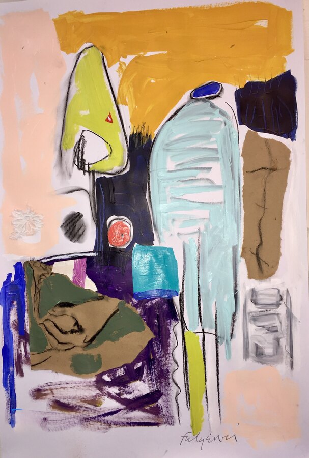 Collage mixed-media Abstract original painting by Maureen Fulgenzi — Blues & aquas palette, Palm Beach, FL