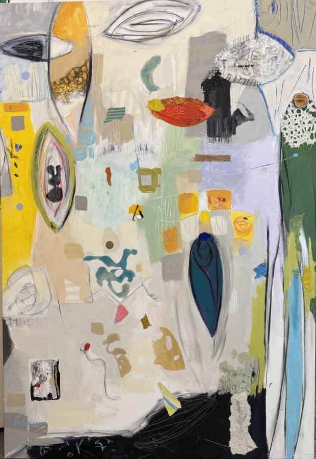 Collage mixed-media Abstract original painting by Maureen Fulgenzi — Greens (tropical) palette, Palm Beach, FL