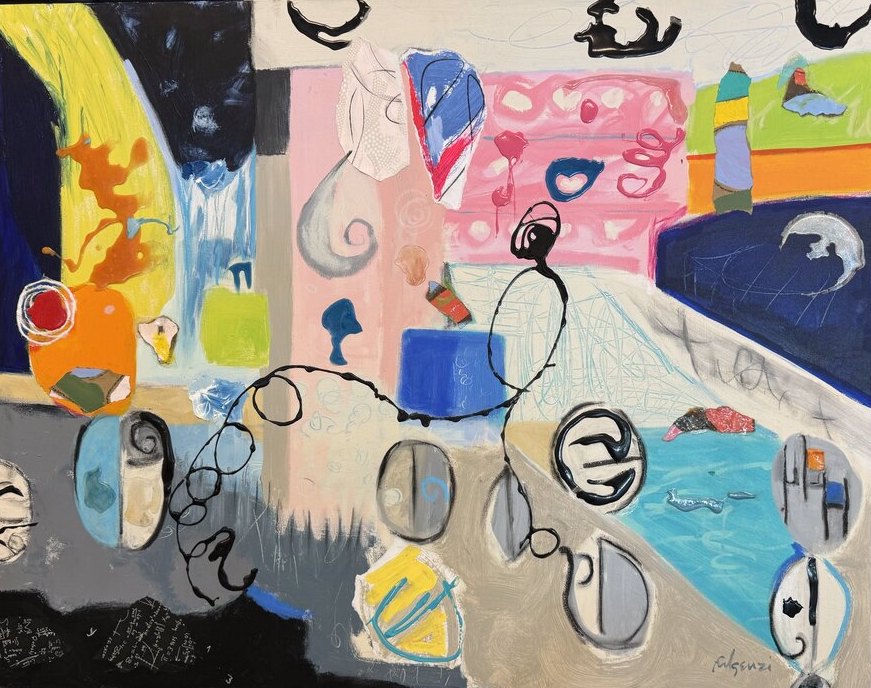 Collage mixed-media Abstract original painting by Maureen Fulgenzi — Greens (tropical) palette, Palm Beach, FL