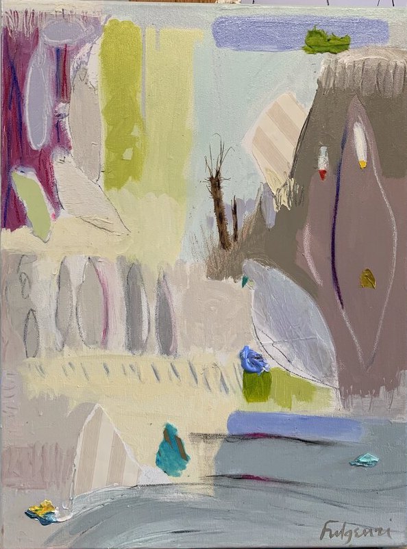 Collage mixed-media Abstract original painting by Maureen Fulgenzi — Greens (tropical) palette, Palm Beach, FL