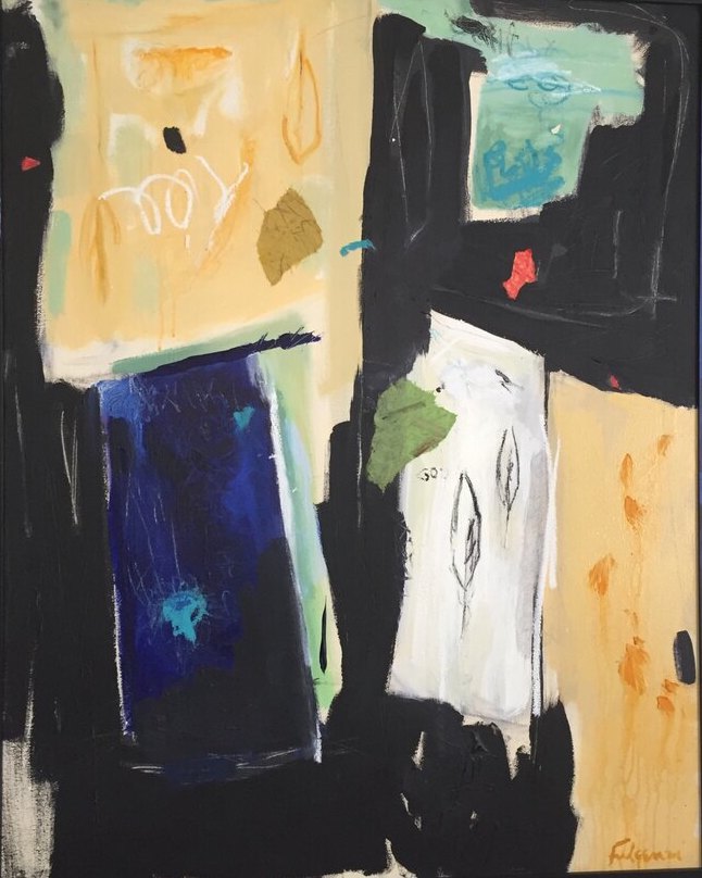 Collage mixed-media Abstract original painting by Maureen Fulgenzi — Greens (tropical) palette, Palm Beach, FL