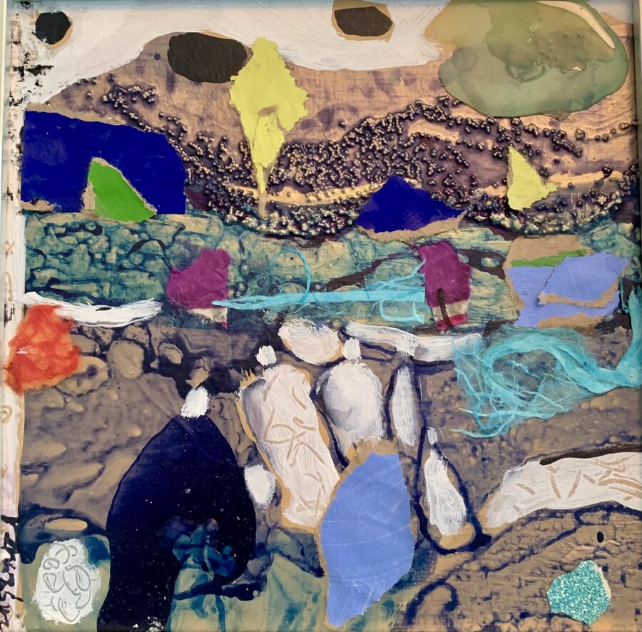 Collage mixed-media Abstract original painting by Maureen Fulgenzi — Greens (tropical) palette, Palm Beach, FL