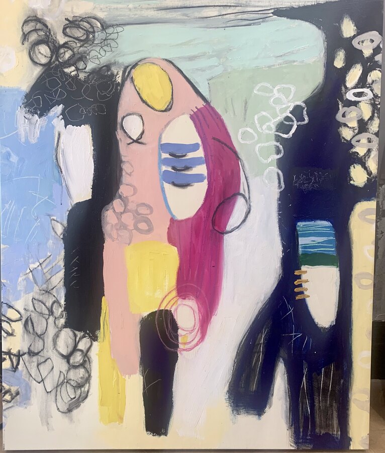 Collage mixed-media Abstract original painting by Maureen Fulgenzi — Greens (tropical) palette, Palm Beach, FL