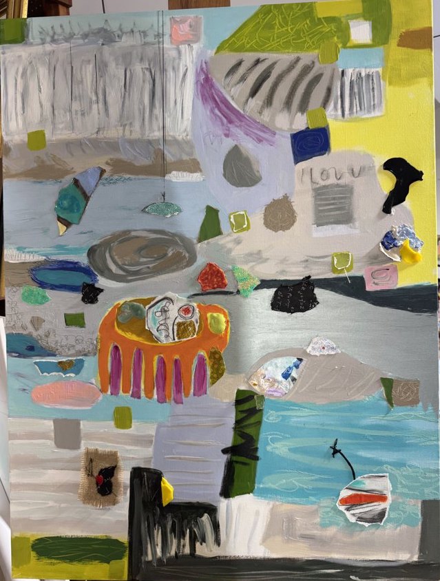 Collage mixed-media Abstract original painting by Maureen Fulgenzi — Greens (tropical) palette, Palm Beach, FL