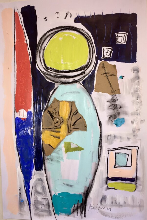 Collage mixed-media Abstract original painting by Maureen Fulgenzi — Blues & aquas palette, Palm Beach, FL