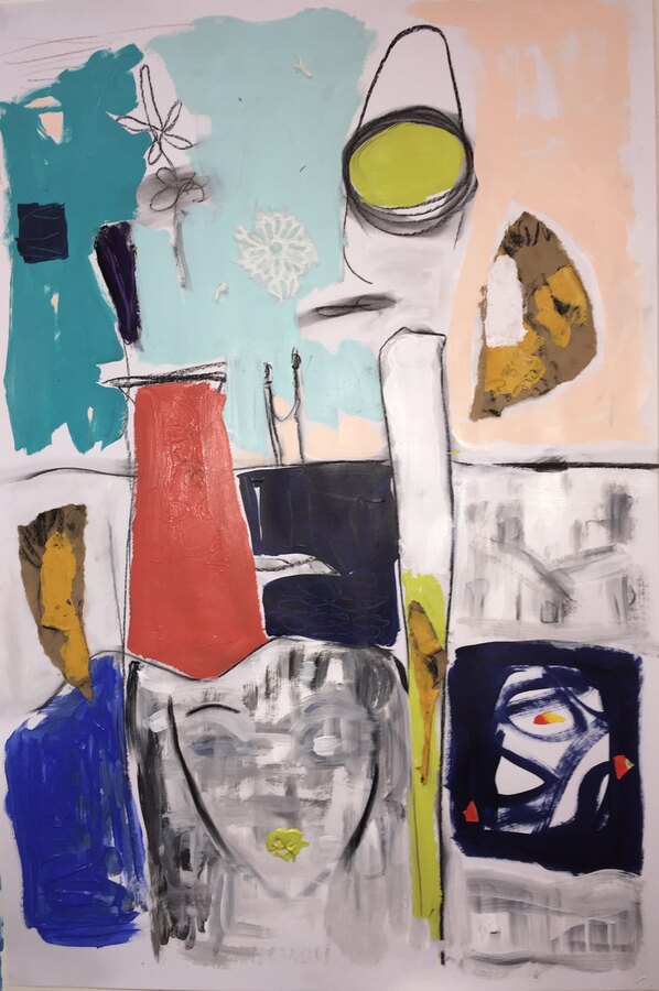 Collage mixed-media Abstract original painting by Maureen Fulgenzi — Blues & aquas palette, Palm Beach, FL