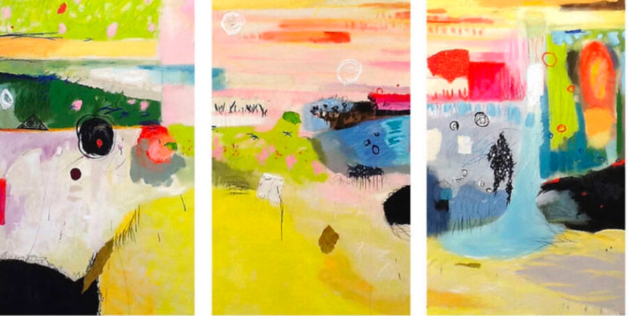 Triptych abstract collage painting, all three panels together, by Maureen Fulgenzi — Greens (tropical) palette, Palm Beach, FL