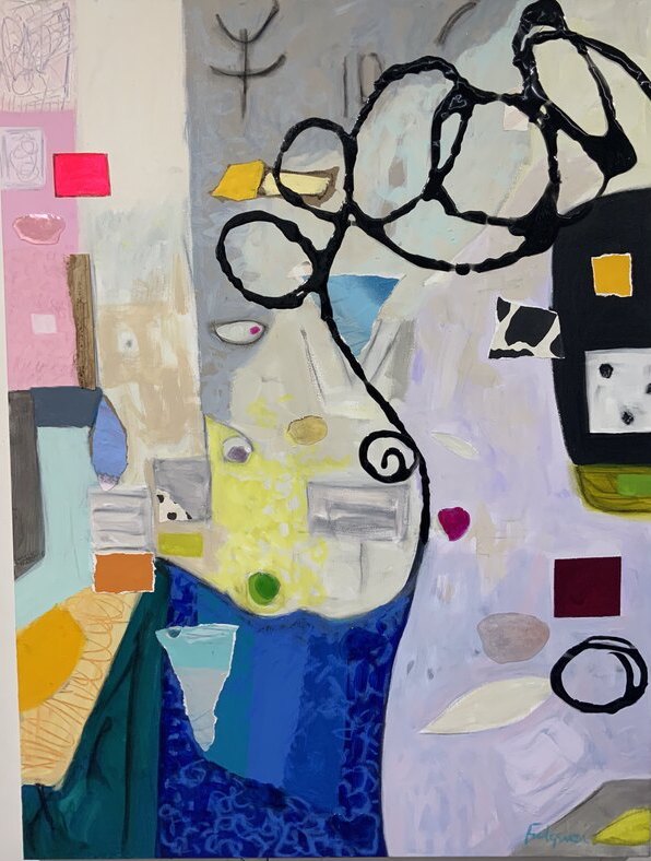 Collage mixed-media Abstract original painting by Maureen Fulgenzi — Greens (tropical) palette, Palm Beach, FL