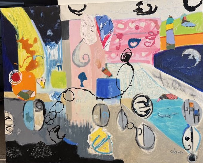 Collage mixed-media Abstract original painting by Maureen Fulgenzi — Greens (tropical) palette, Palm Beach, FL