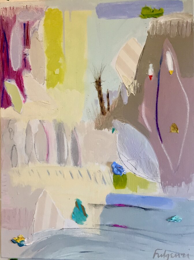 Collage mixed-media Abstract original painting by Maureen Fulgenzi — Greens (tropical) palette, Palm Beach, FL