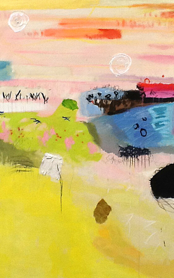 Triptych abstract collage painting, center panel detail, by Maureen Fulgenzi — Greens (tropical) palette, Palm Beach, FL