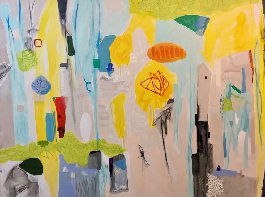 Collage mixed-media Abstract original painting by Maureen Fulgenzi — Greens (tropical) palette, Palm Beach, FL