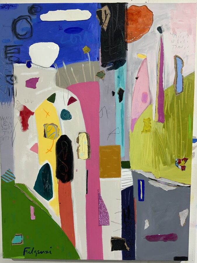 Collage mixed-media Abstract original painting by Maureen Fulgenzi — Greens (tropical) palette, Palm Beach, FL