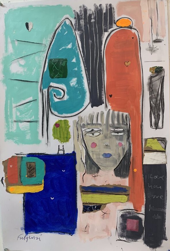 Collage mixed-media Abstract original painting by Maureen Fulgenzi — Greens (tropical) palette, Palm Beach, FL