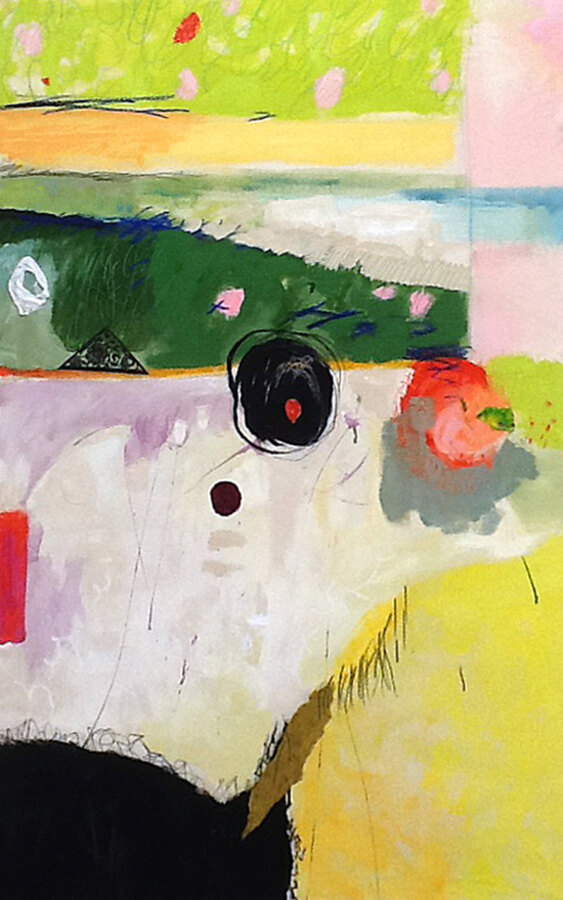 Triptych abstract collage painting, left panel detail, by Maureen Fulgenzi — Greens (tropical) palette, Palm Beach, FL