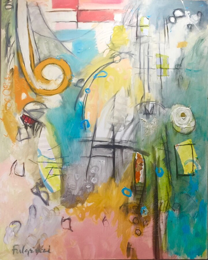 Collage mixed-media Abstract original painting by Maureen Fulgenzi — Greens (tropical) palette, Palm Beach, FL