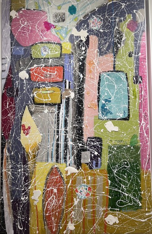 Collage mixed-media Abstract original painting by Maureen Fulgenzi — Greens (tropical) palette, Palm Beach, FL