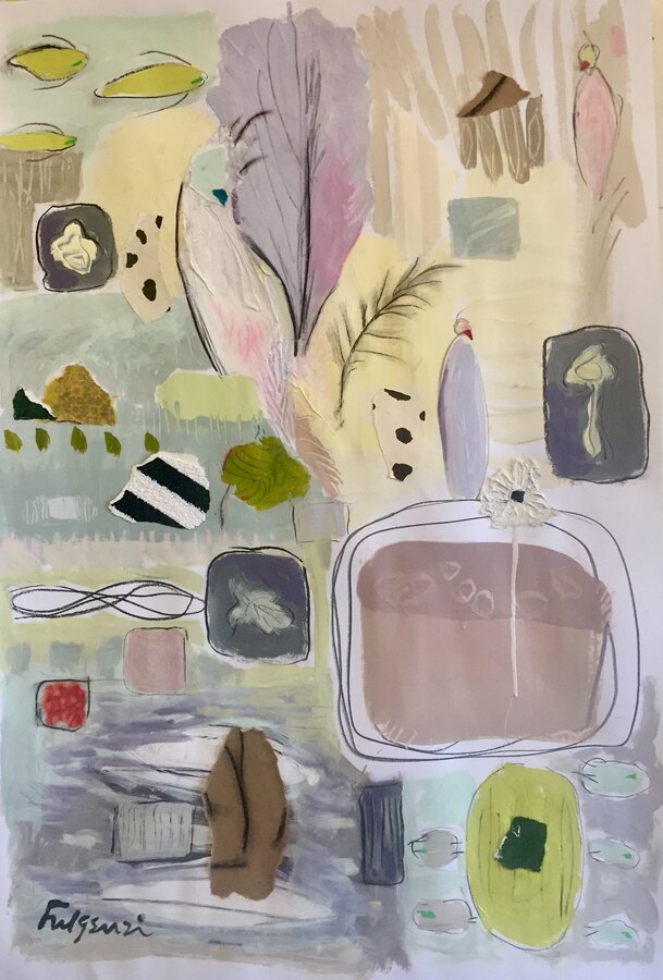 Collage mixed-media Abstract original painting by Maureen Fulgenzi — Neutral / muted palette, Palm Beach, FL