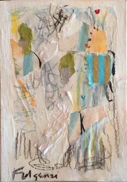 Collage mixed-media Abstract original painting by Maureen Fulgenzi — Greens (tropical) palette, Palm Beach, FL