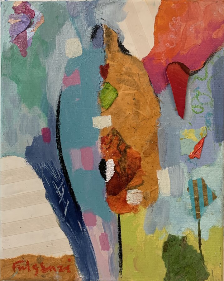 Collage mixed-media Abstract original painting by Maureen Fulgenzi — Greens (tropical) palette, Palm Beach, FL