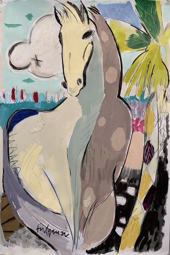 Abstract horse original painting by Maureen Fulgenzi — tropical green palette, Palm Beach, FL