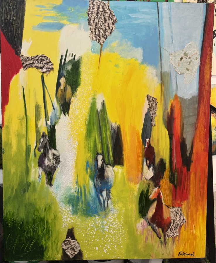 Abstract Horses original painting by Maureen Fulgenzi — Greens (tropical) palette, Palm Beach, FL