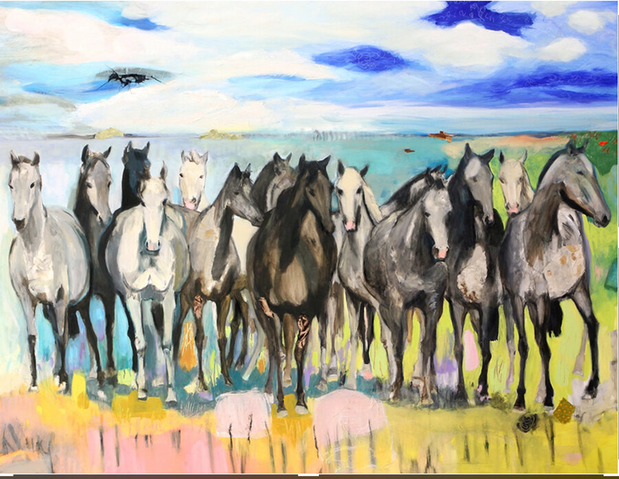 Abstract Horses original painting by Maureen Fulgenzi — Greens (tropical) palette, Palm Beach, FL